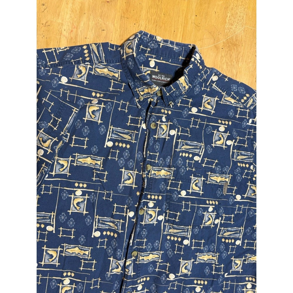 Vintage 90s Woolrich Shirt Mens XL Blue Trout Fish AOP Made USA Outdoors